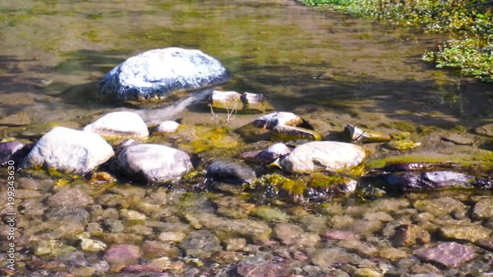 Water flowing over stones creating beautiful ripples and waves that catch the light. The transparent water shows the cleanliness and unpolluted nature of natural water in the himalayas in india Water flowing over stones creating beautiful ripples and waves that catch the light. The transparent water shows the cleanliness and unpolluted nature of natural water in the himalayas in india