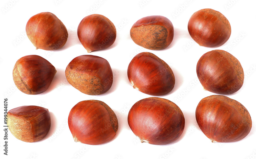 Chestnuts with shell isolated on white background, a pile of fresh chestnuts Chestnuts with shell isolated on white background, a pile of fresh chestnuts