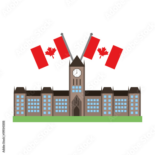 ottawa parliament building with canadian flags vector illustration desing