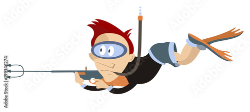 Diver underwater hunting isolated illustration. Diver in underwater mask and flippers hunting with underwater gun isolated on white illustration 