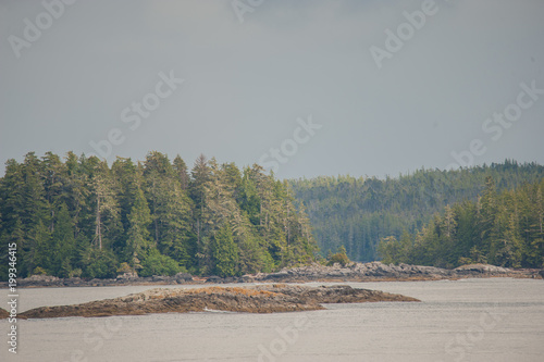 Kleine Bewaldete Inseln, steinige Insel im Vordergrund. Die Inside Passage in Westkanada,trübes Regenwetter, leichter Nebel