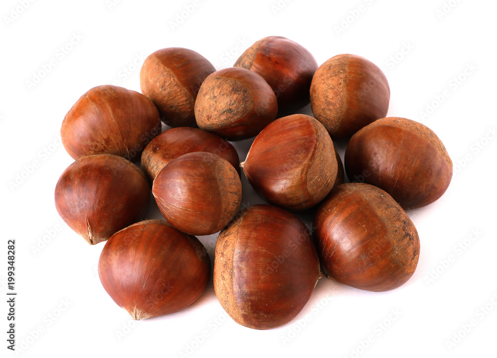 Chestnuts with shell isolated on white background, a pile of fresh chestnuts Chestnuts with shell isolated on white background, a pile of fresh chestnuts