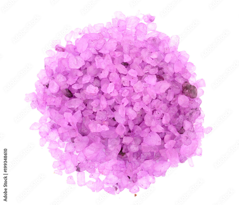 Violet sea salt isolated on white background, lavender. Top view. Flat lay