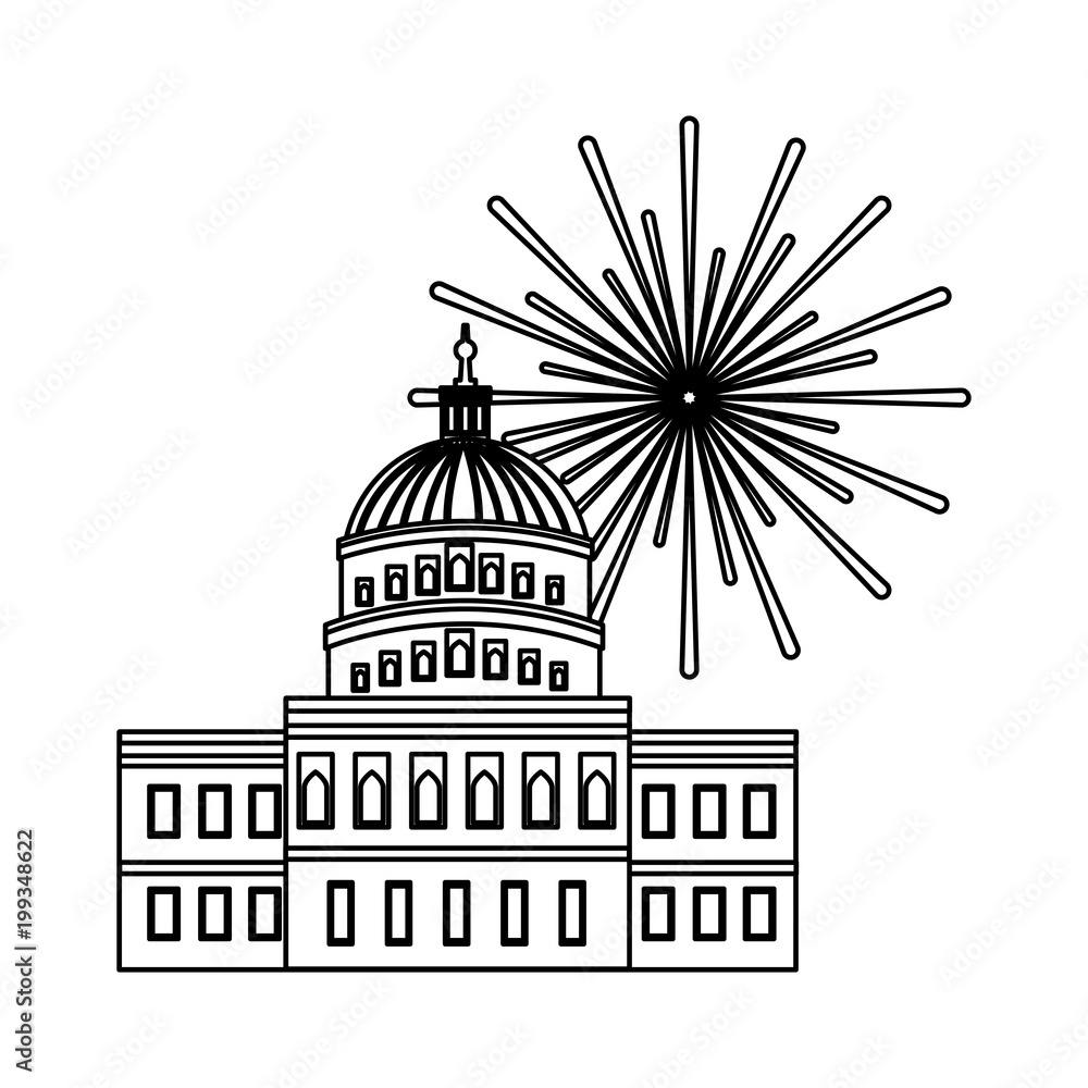 united states capitol building in washington fireworks vector illustration black and white