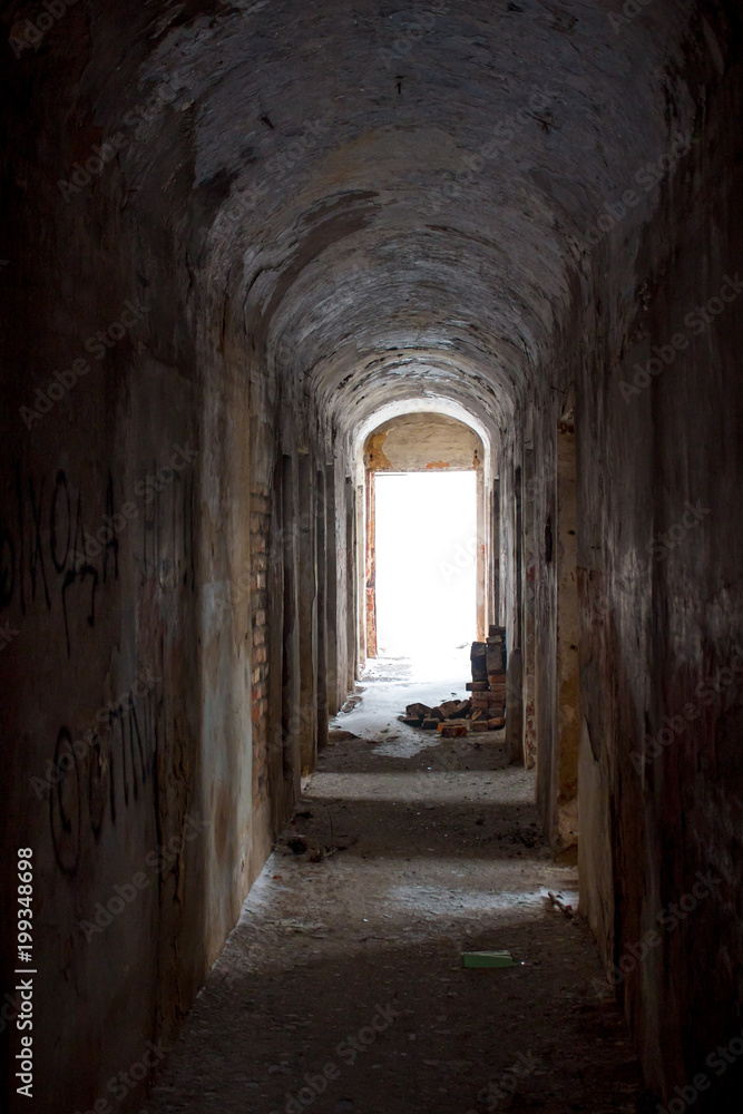 Empty corridors of an abandoned prison building of the late 19th century in Borovsk, Russia
