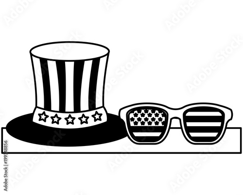 gentleman hat and sunglasses with american flag vector illustration black and white