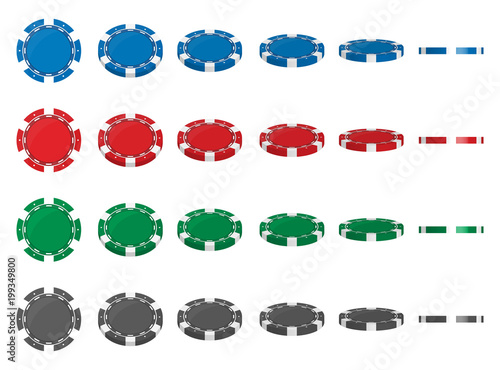 Creative vector illustration of set casino poker chips in flip different angles position isolated on transparent background. Art design blank mockup template. Abstract concept graphic element