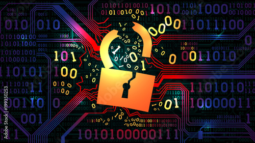 Hacking abstract firewall, antivirus, computer protection. Hacked lock against the background of an abstract futuristic electronic board with binary code