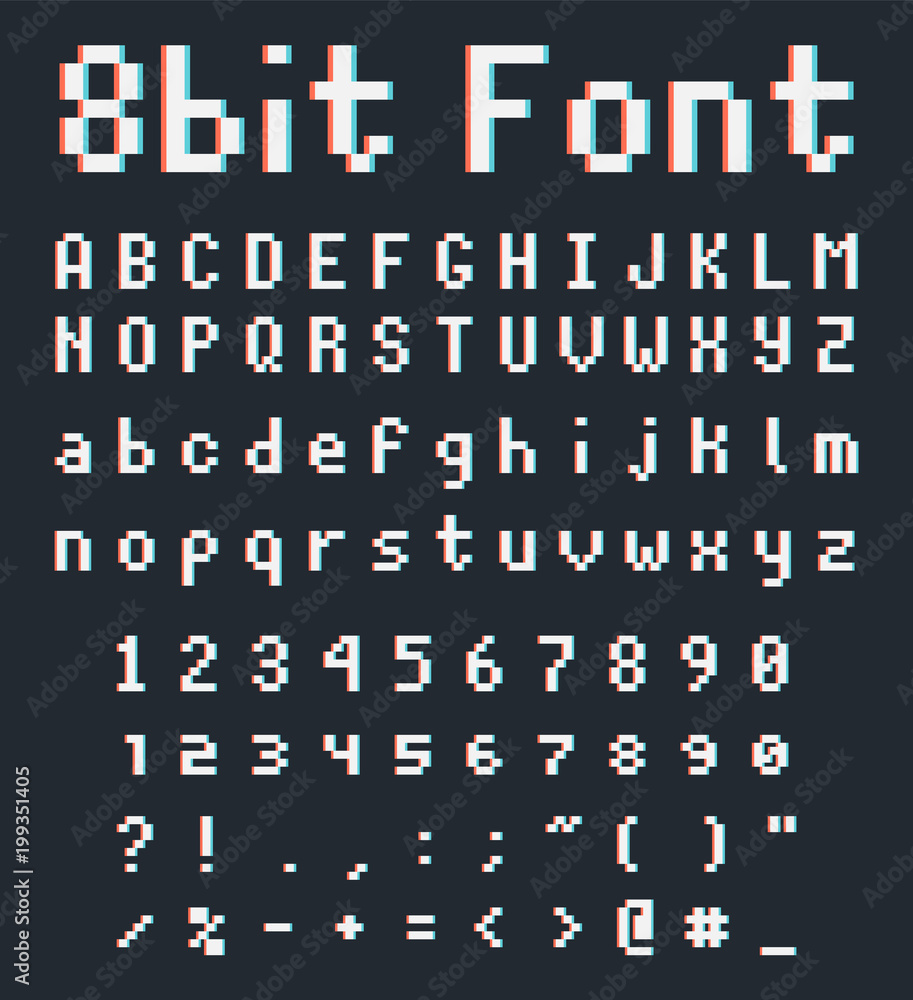 Vecteur Stock pixel retro font, videogame type, 8-bit alphabet letters and  numbers | Adobe Stock