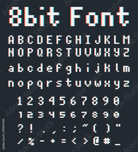 pixel retro font, videogame type, 8-bit alphabet letters and numbers