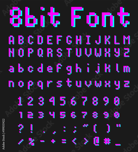 pixel font alphabet, letters and numbers, retro videgame type photo