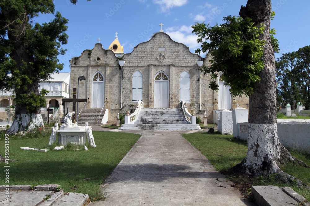 old limestone chruch with arched windows and steps, St. Croix, U.S. Virgin Islands,Lesser Antilles, Caribbean