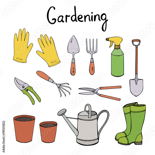 Gardening vector clip art. Hand drawn illustration set 