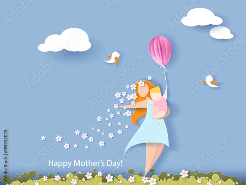 Beautiful women with her children. Happy mothers day card. Paper cut style. Vector illustration