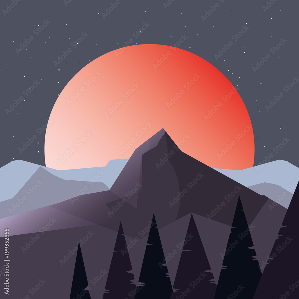 night landscape with big moon and rocky mountains, colorful design. vector illustration