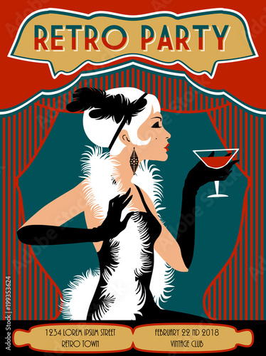 Retro party invitation card. Handmade drawing vector illustration. Pop art style.