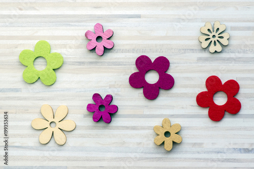 Wooden and textile flowers, blossoms still life, springtime Easter decoration