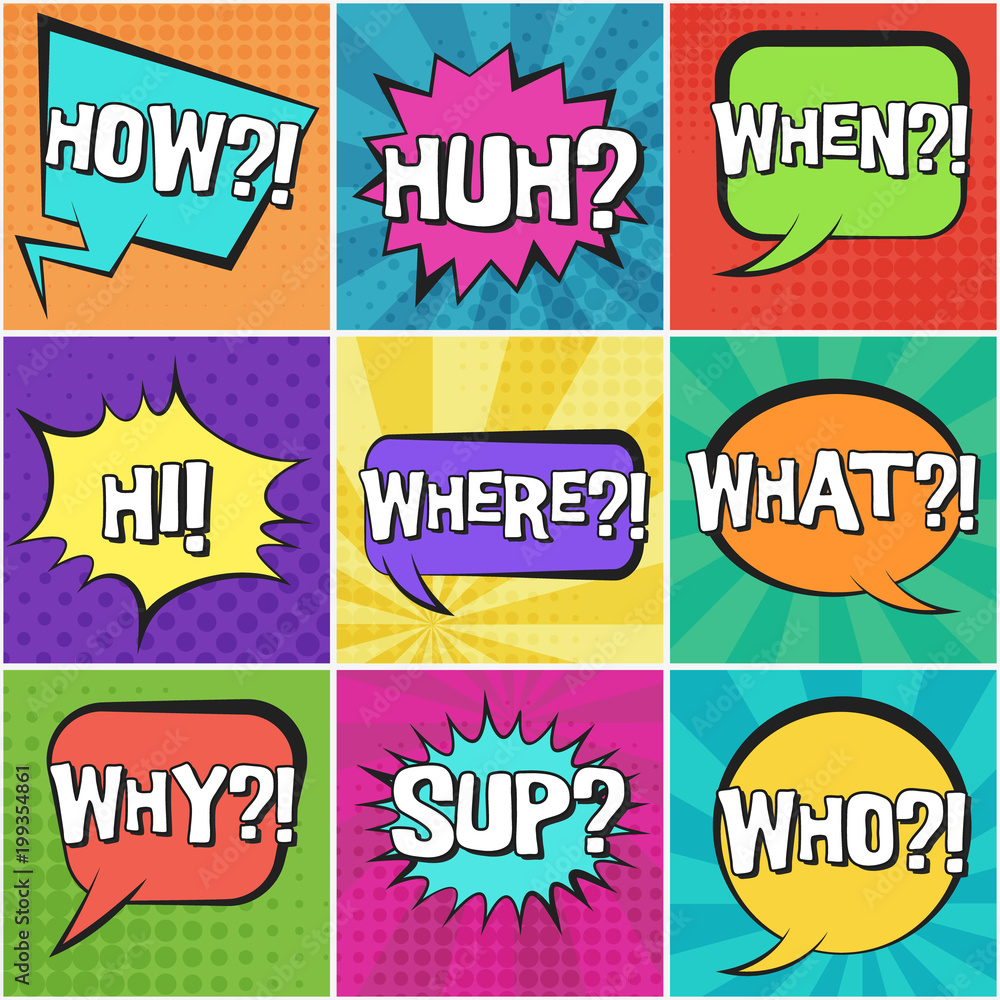 Big set of retro comic speech bubbles with questions text on colorful dotted and striped backgrounds in pop art style. Bright color places for comics book, advertisement text, web design, badge