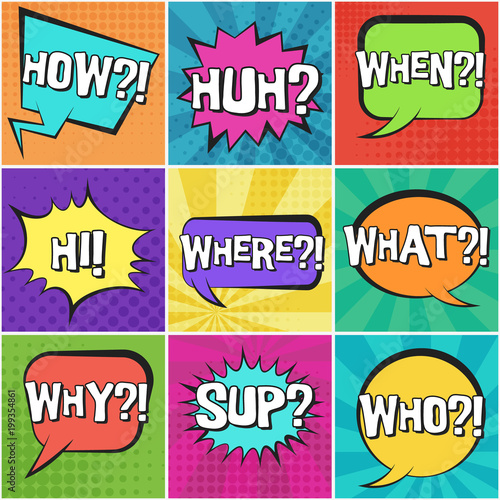 Big set of retro comic speech bubbles with questions text on colorful dotted and striped backgrounds in pop art style. Bright color places for comics book, advertisement text, web design, badge