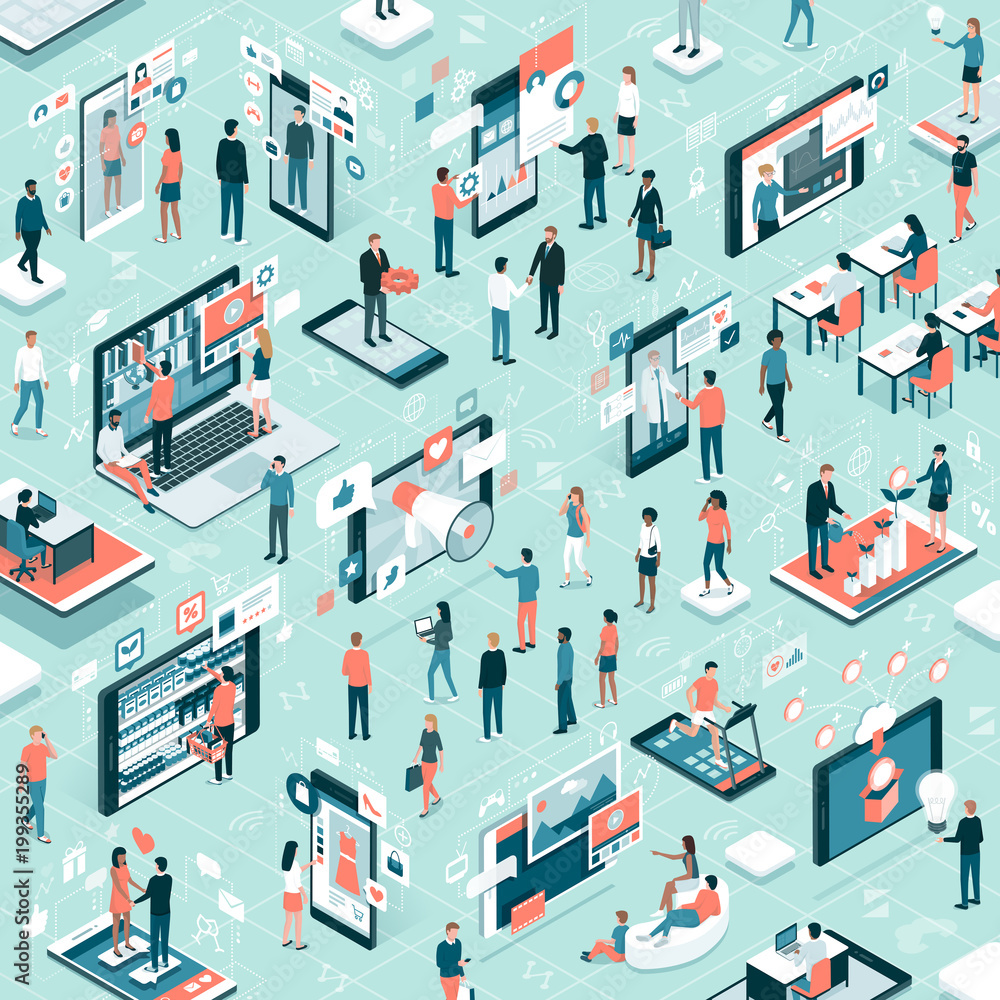 People connecting online and touch screen devices People connecting online and touch screen devices
