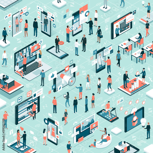 People connecting online and touch screen devices