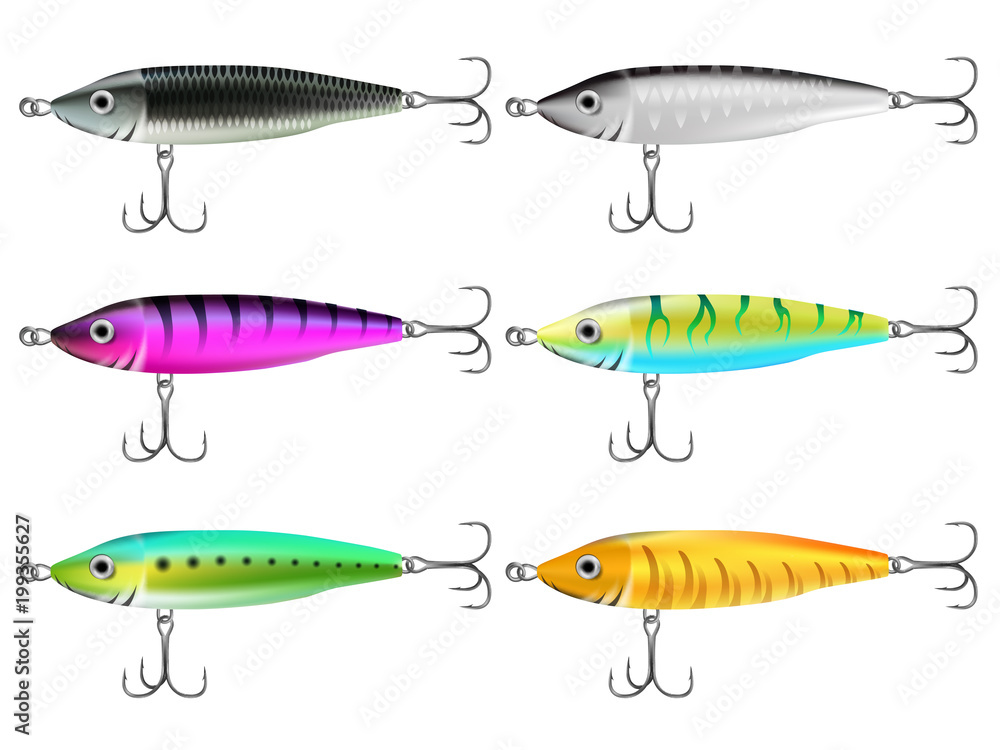 Fishing lures set. Realistic hooks collection for catching salmon, catfish,  tuna, pike, perch, marlin, bass, trout or tarpon. Wobblers vector for web  and printed products. Stock Vector