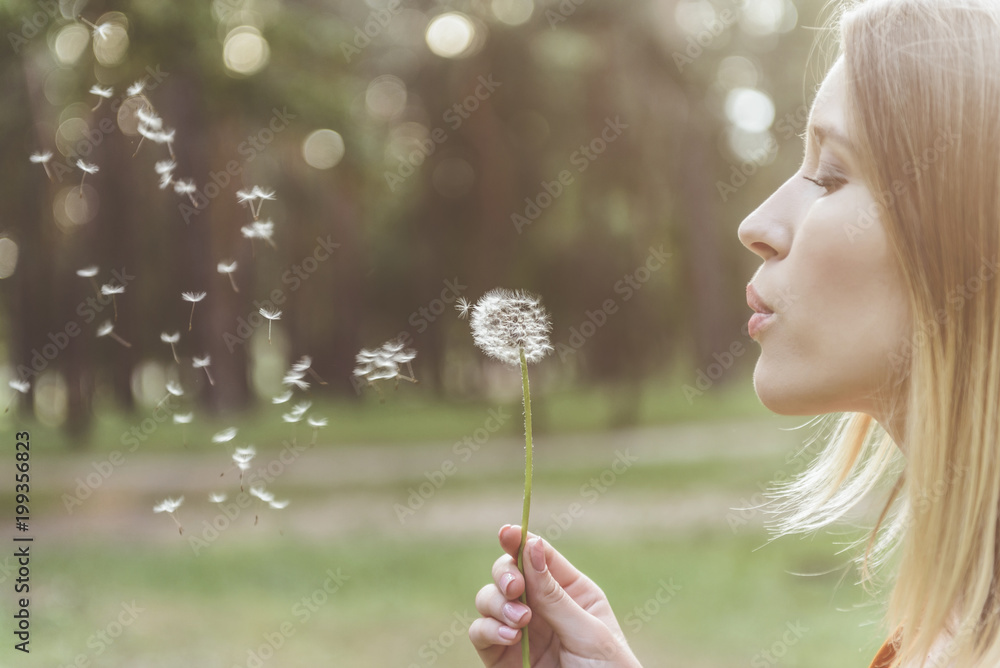 tranquil woman standing in park and blowing on dandelion. Copy space in left side tranquil woman standing in park and blowing on dandelion. Copy space in left side