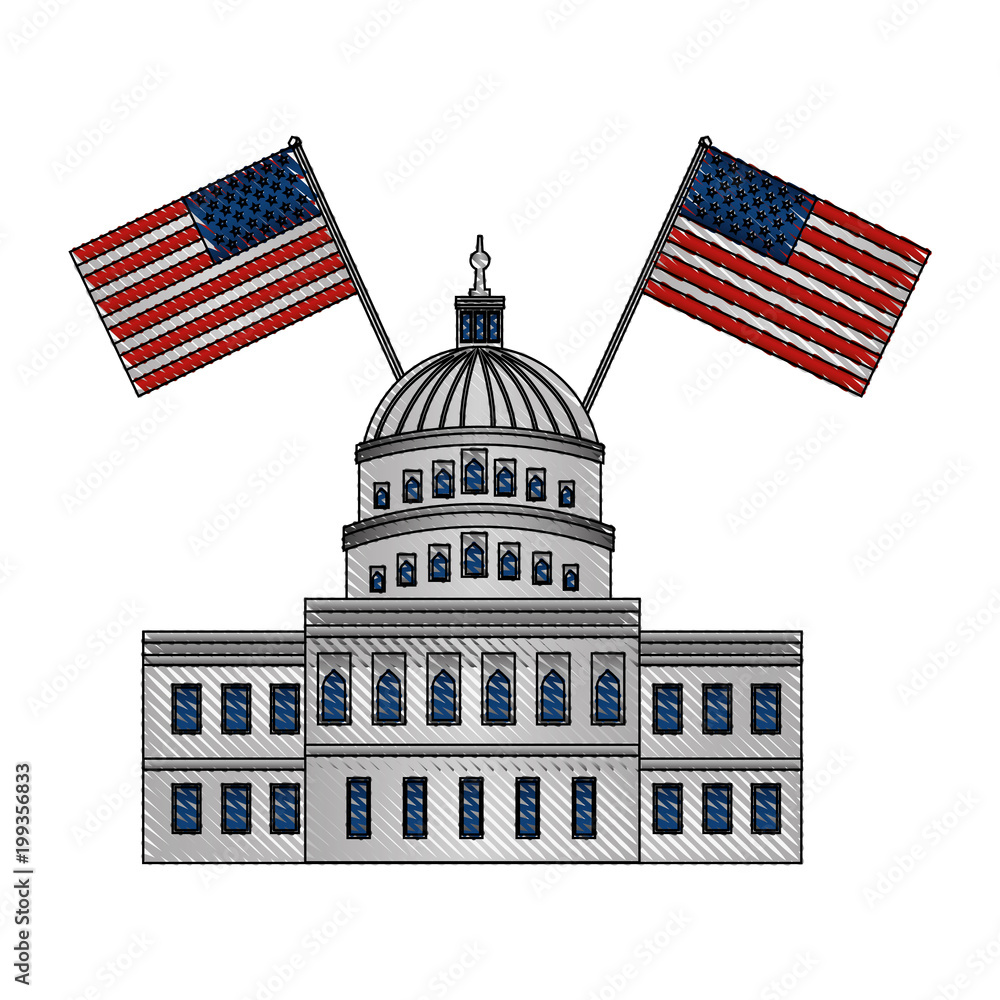 united states capitol building in washington with american flags vector illustration drawing