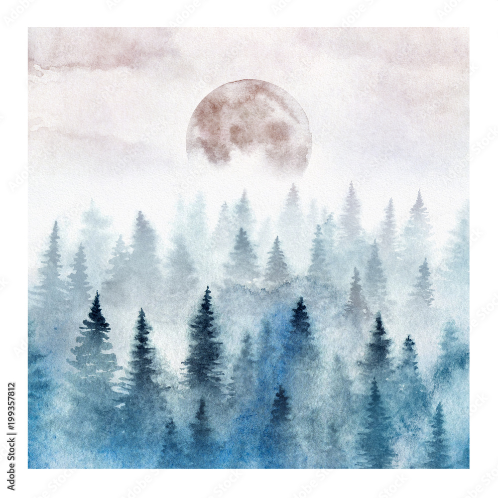 Obraz Krajobraz z mglistym lasem i wschodzącą księżyc. Akwarela ilustracja.