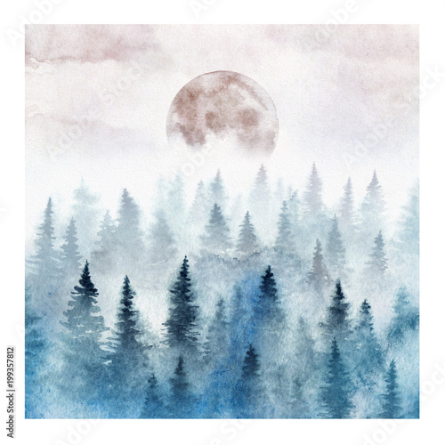 Obraz na płótnie Krajobraz z mglistym lasem i wschodzącą księżyc. Akwarela ilustracja.