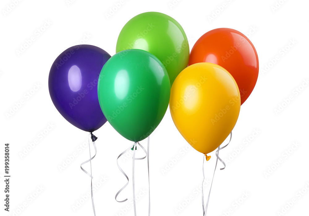 Five balloons isolated on a white background. Party decoration for celebrations and birthday Five balloons isolated on a white background. Party decoration for celebrations and birthday