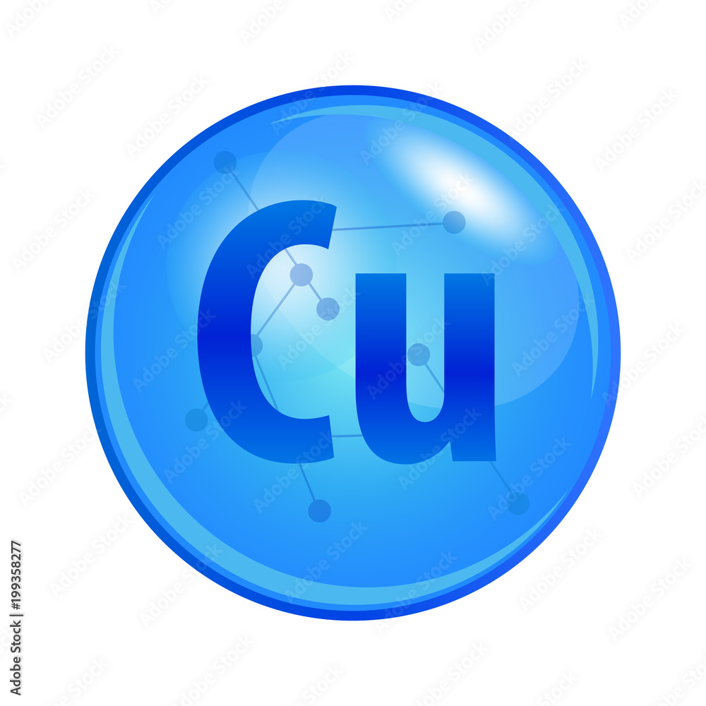 Mineral Copper or Cuprum capsule. Vector icon for health. Blue shining vitamin pill. Mineral Copper or Cuprum capsule. Vector icon for health. Blue shining vitamin pill.
