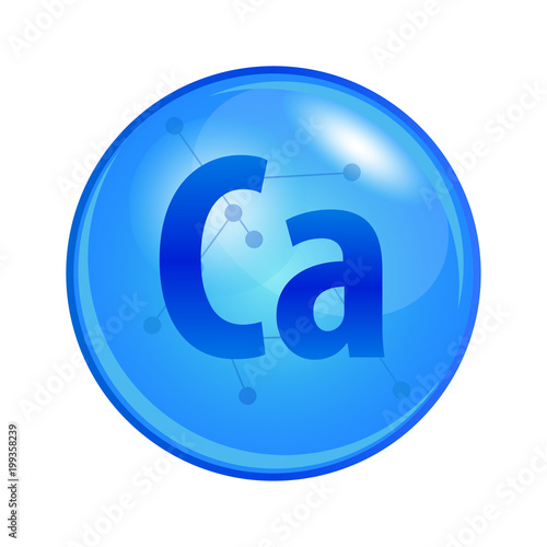 Mineral Calcium capsule. Vector icon for health. Blue shining vitamin pill.
