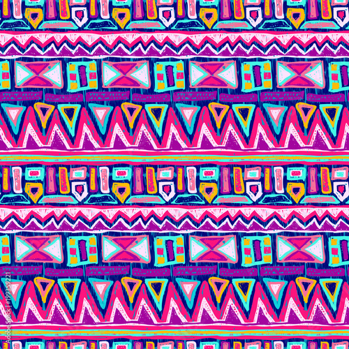 Fabric pattern. Tribal ornament. Ethnic style. Embroidery effect illustration. Aztec. Boho. Mexican fabric. Brazilian textile. Vector pattern for fashion design, interior or printed products.