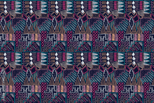 Fabric pattern. Tribal ornament. Ethnic style. Embroidery effect illustration. Mexican fabric. Brazilian textile. Vector pattern for fashion design, interior or printed products.