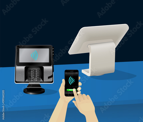 Contactless payment transaction terminal with display and pinpad. Wireless payment. POS terminal, MSR, EMV, NFC smartphone with pay button, hand holding and paying by phone.