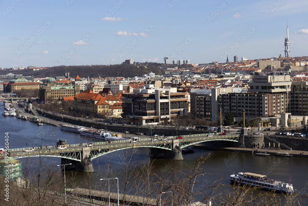 Spring Prague City with with its Towers and Bridges in the sunny Day, Czech Republic