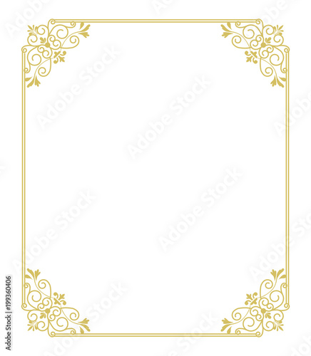 Thin gold beautiful decorative vintage frame for your design. Making menus, certificates, salons and boutiques. Gold frame on a dark background. Space for your text. Vector illustration.