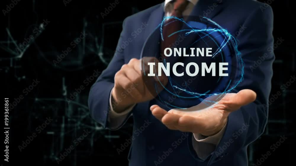Businessman shows concept hologram Online income on his hand. Man in business suit with future technology screen and modern cosmic background Businessman shows concept hologram Online income on his hand. Man in business suit with future technology screen and modern cosmic background