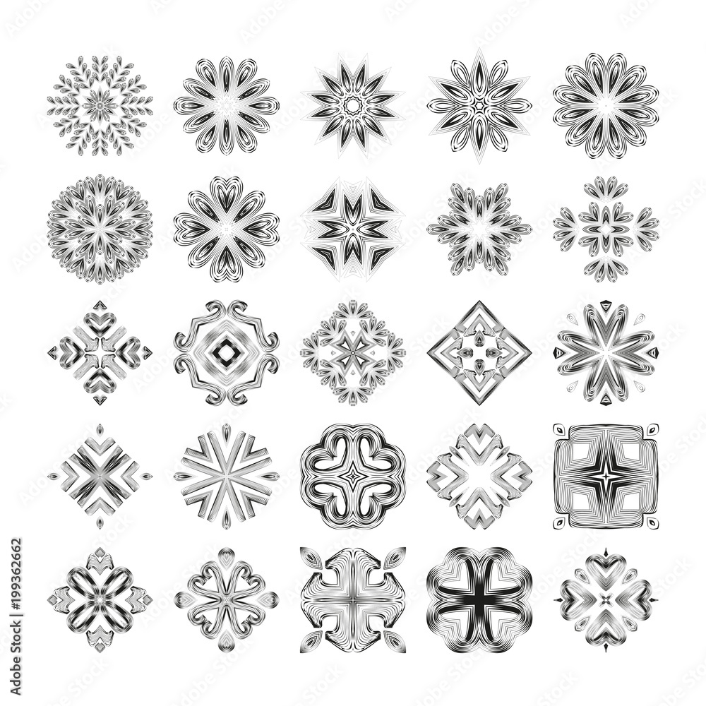 A large set of mandalas, floral ornament. Round vector design elements, black and white patterns A large set of mandalas, floral ornament. Round vector design elements, black and white patterns