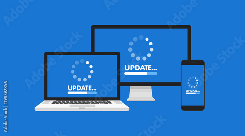 Computer, laptop and smartphone with update process screen. Install new software, operating system support. Vector illustration