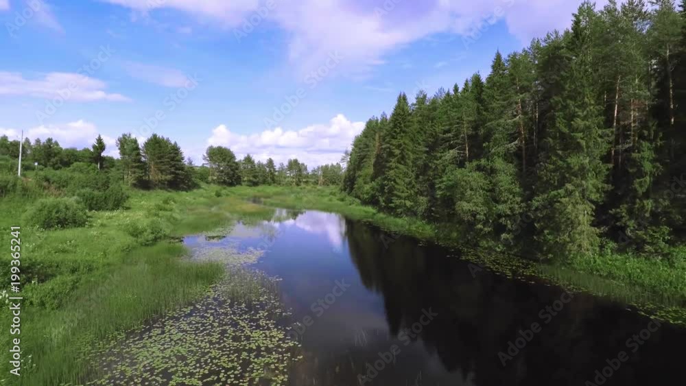 Foret river day, reflection on the water, cloud sky - Aerial view Foret river day, reflection on the water, cloud sky - Aerial view