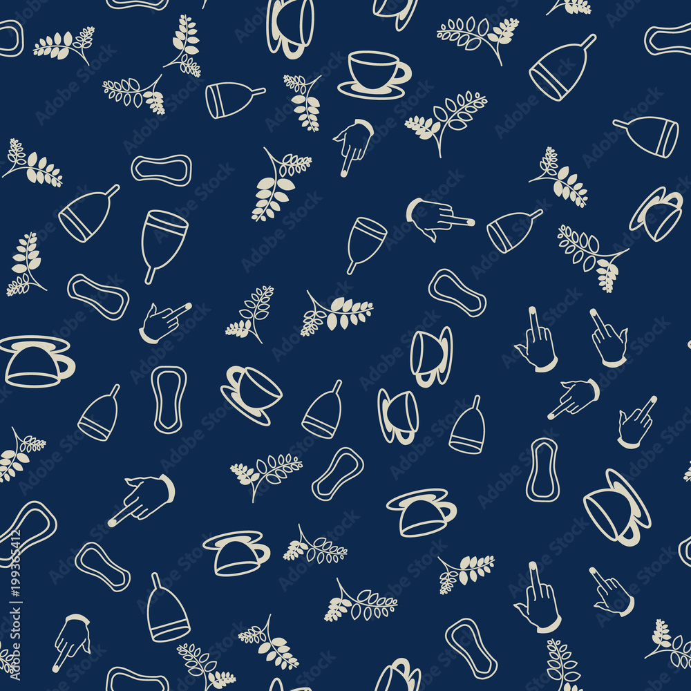 Feminist doodle seamless pattern background with menstrual cups, branches, hands, tea and pads Feminist doodle seamless pattern background with menstrual cups, branches, hands, tea and pads