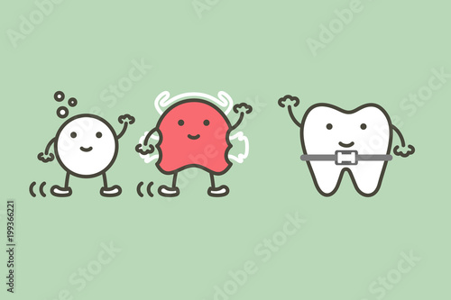 happy orthodontic teeth or dental braces and friend have retainer and effervescent tablet