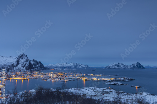 Aerial view of Svolvaer in evening twilight