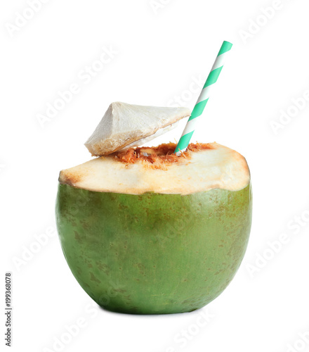 Fresh green coconut with drinking straw on white background
