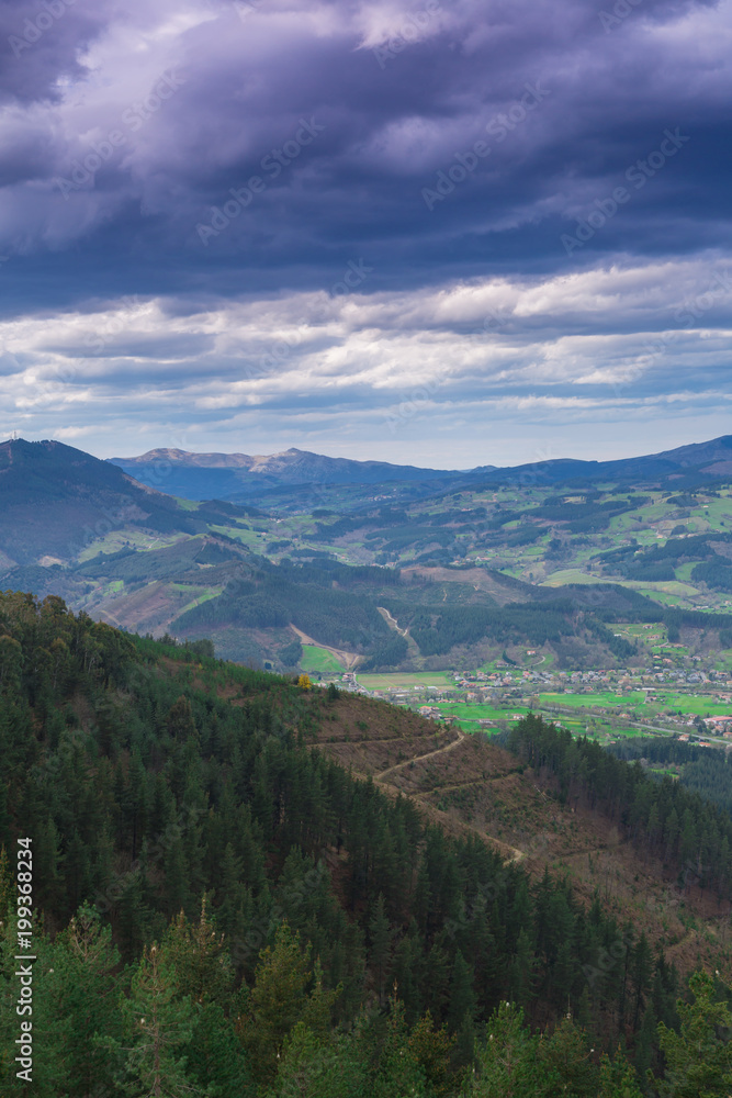 Fototapeta premium Typical Basque landscape seen from the mountain, Zalla, Spain