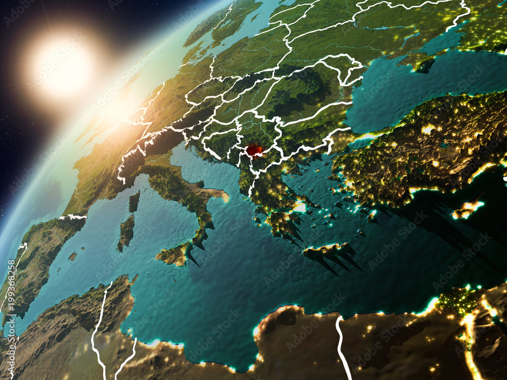 Fototapeta premium Kosovo on planet Earth in sunset