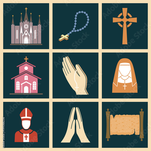 Christianity religion vector religionism flat illustration of traditional holy sign silhouette praying religionary christian faith religionist priest church traditional culture symbol.