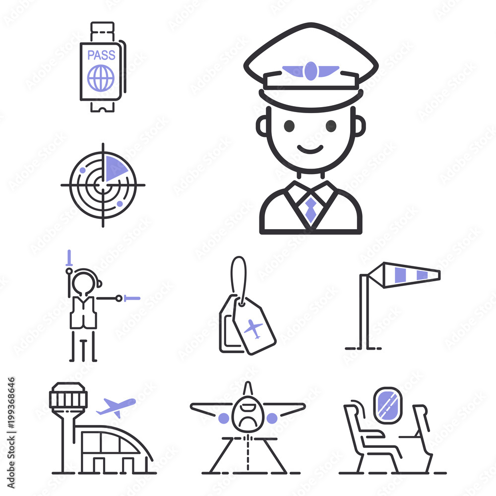 Aviation icons vector set airline outline graphic illustration flight airport transportation passenger design departure. Aviation icons vector set airline outline graphic illustration flight airport transportation passenger design departure.